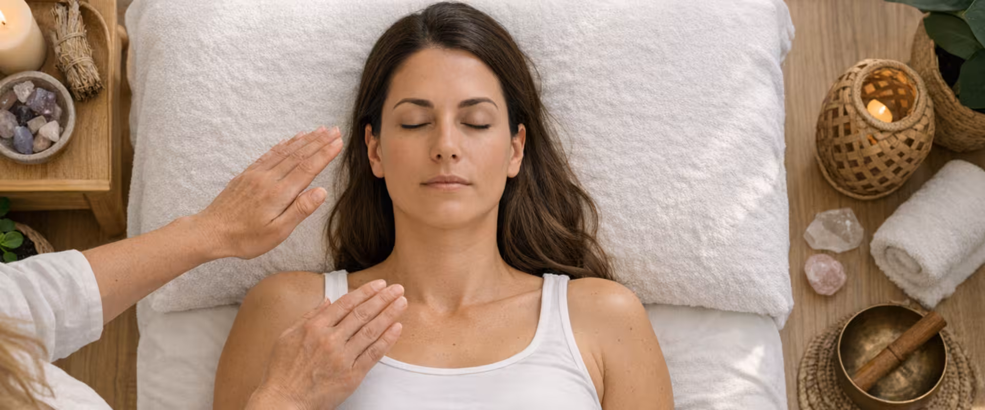 Terapeuta especializado do Instituto Ahau realizando sessão de Reiki com imposição de mãos, canalizando energia universal para equilíbrio emocional, saúde integrativa e bem-estar integral do paciente.