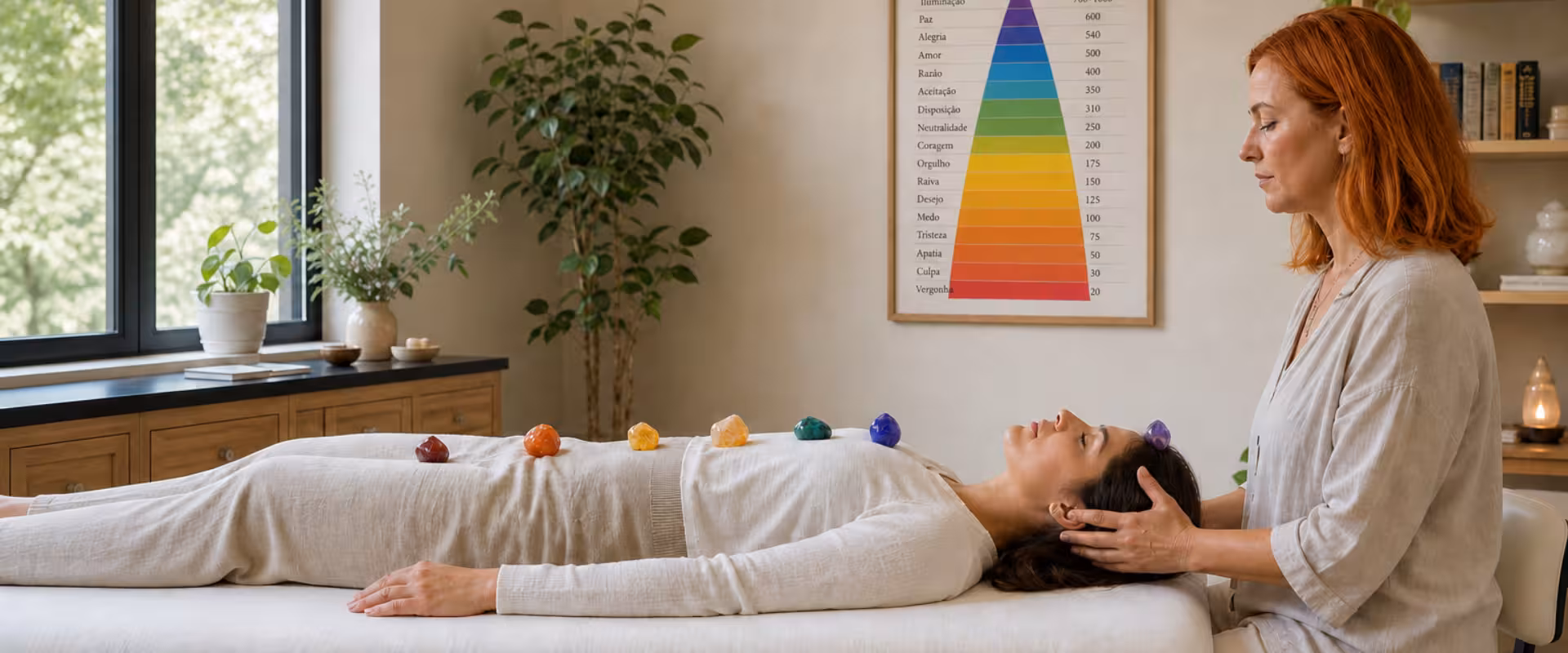 Terapeuta com mãos posicionadas sobre os chakras superiores durante harmonização energética com cristais — Instituto Ahau São Paulo