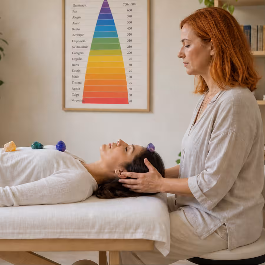 Tratamento de alinhamento dos 7 chakras com cristais coloridos — terapeuta realizando sessão de harmonização energética no Instituto Ahau"