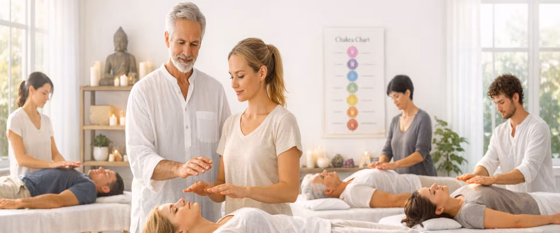 Mestre Reikiano realizando iniciação e transmissão de energia sagrada, demonstrando técnicas avançadas de mestrado em Reiki com símbolos mestres e capacidade de iniciar novos terapeutas