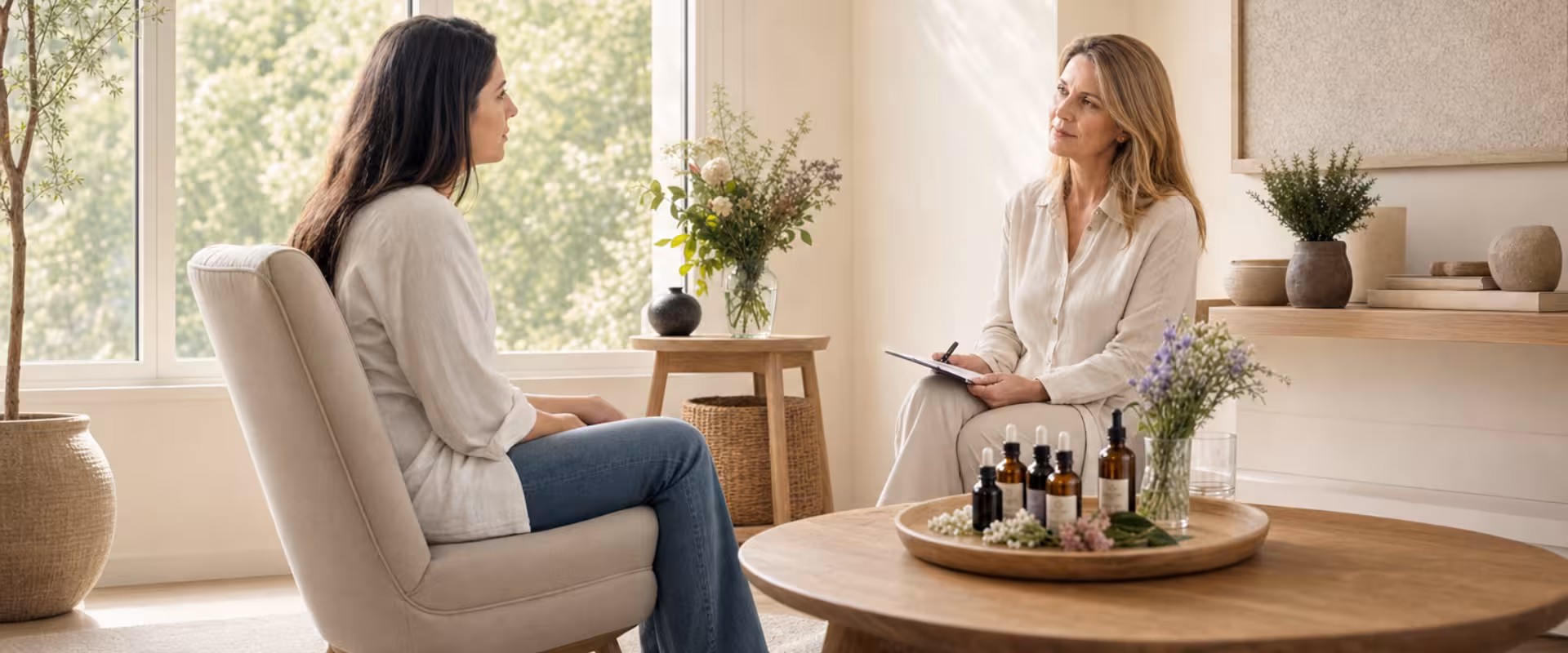 Terapeuta do Instituto Ahau realizando atendimento de Terapia Floral de Bach com essências naturais para equilíbrio emocional, autoconhecimento e bem-estar integral em São Paulo