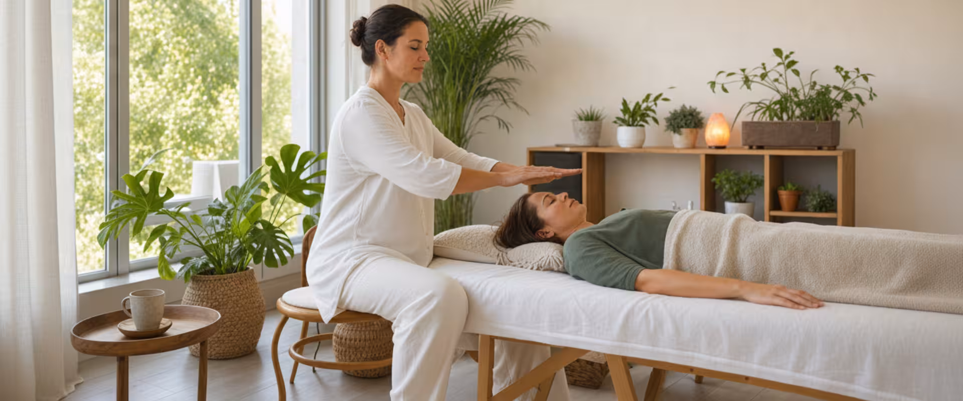 Terapeuta do Instituto Ahau realizando sessão de terapia Reiki com imposição de mãos para equilíbrio energético, relaxamento profundo e bem-estar integral em São Paulo