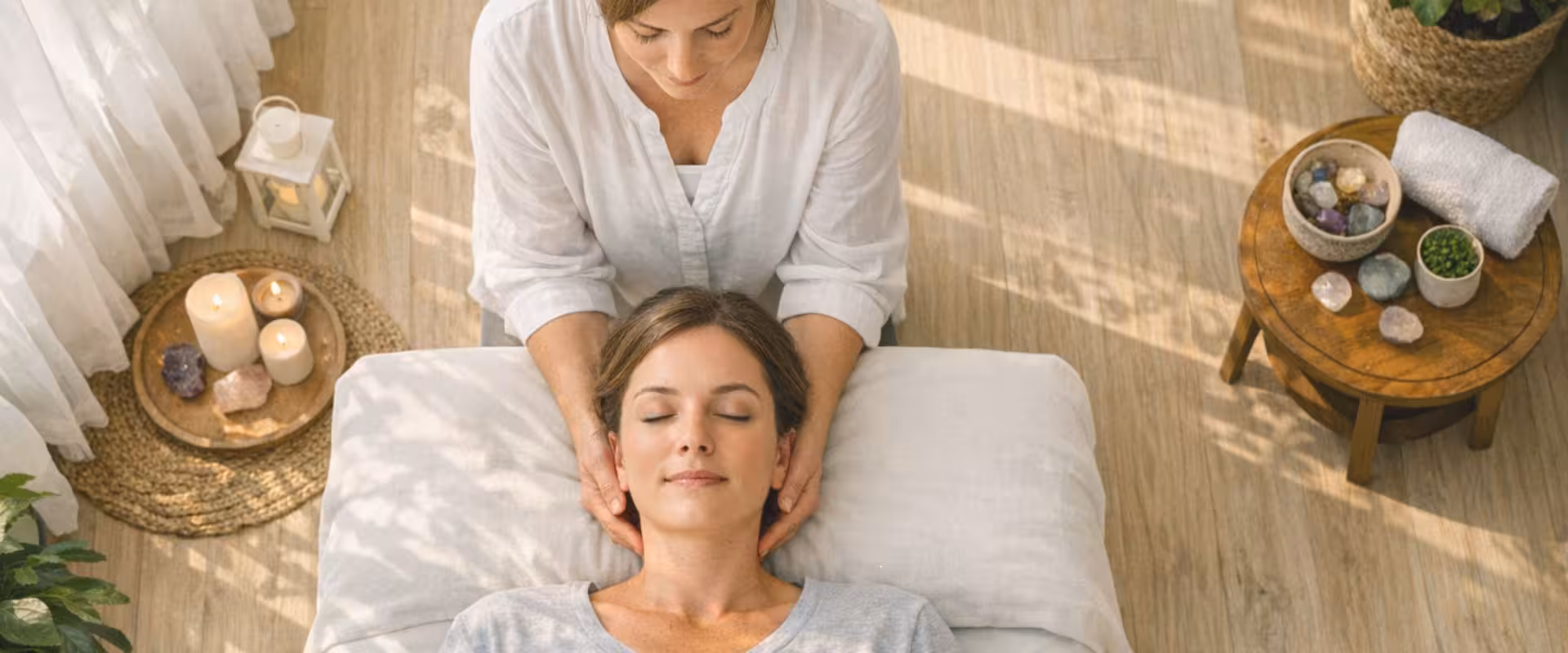 Profissional realizando sessão de Reiki 1, demonstrando técnicas de canalização de energia universal para equilíbrio emocional, bem-estar integral e transformação pessoal