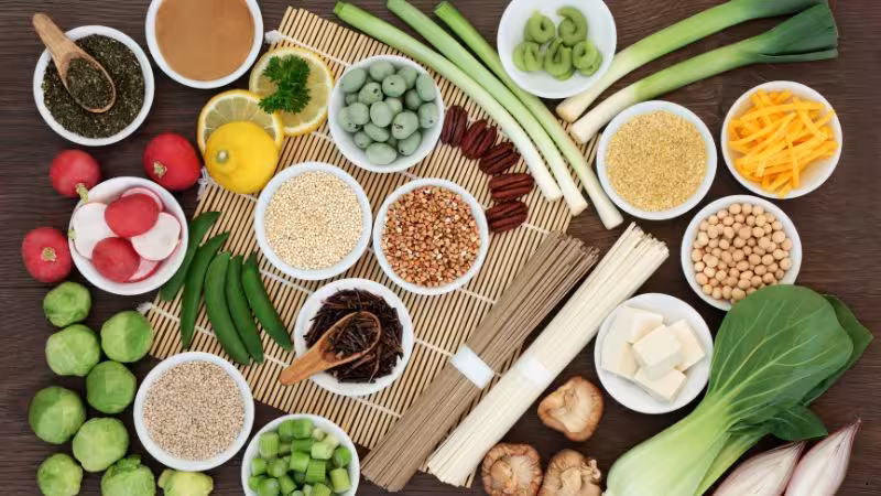 Ilustração sobre alimentação macrobiótica, associada a equilíbrio alimentar, vitalidade, digestão e bem-estar integrativo