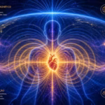 campo eletromagnético do coração humano irradiando ondas de energia azul, dourada e roxa, representando a coerência cardíaca descoberta pelo HeartMath Institute — o coração gera um campo 60 vezes mais forte que o cérebro