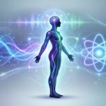 Silhueta do corpo humano com ondas eletromagnéticas harmônicas em azul, roxo e verde fluindo através do organismo, representando energia vibracional e frequências de cura quântica