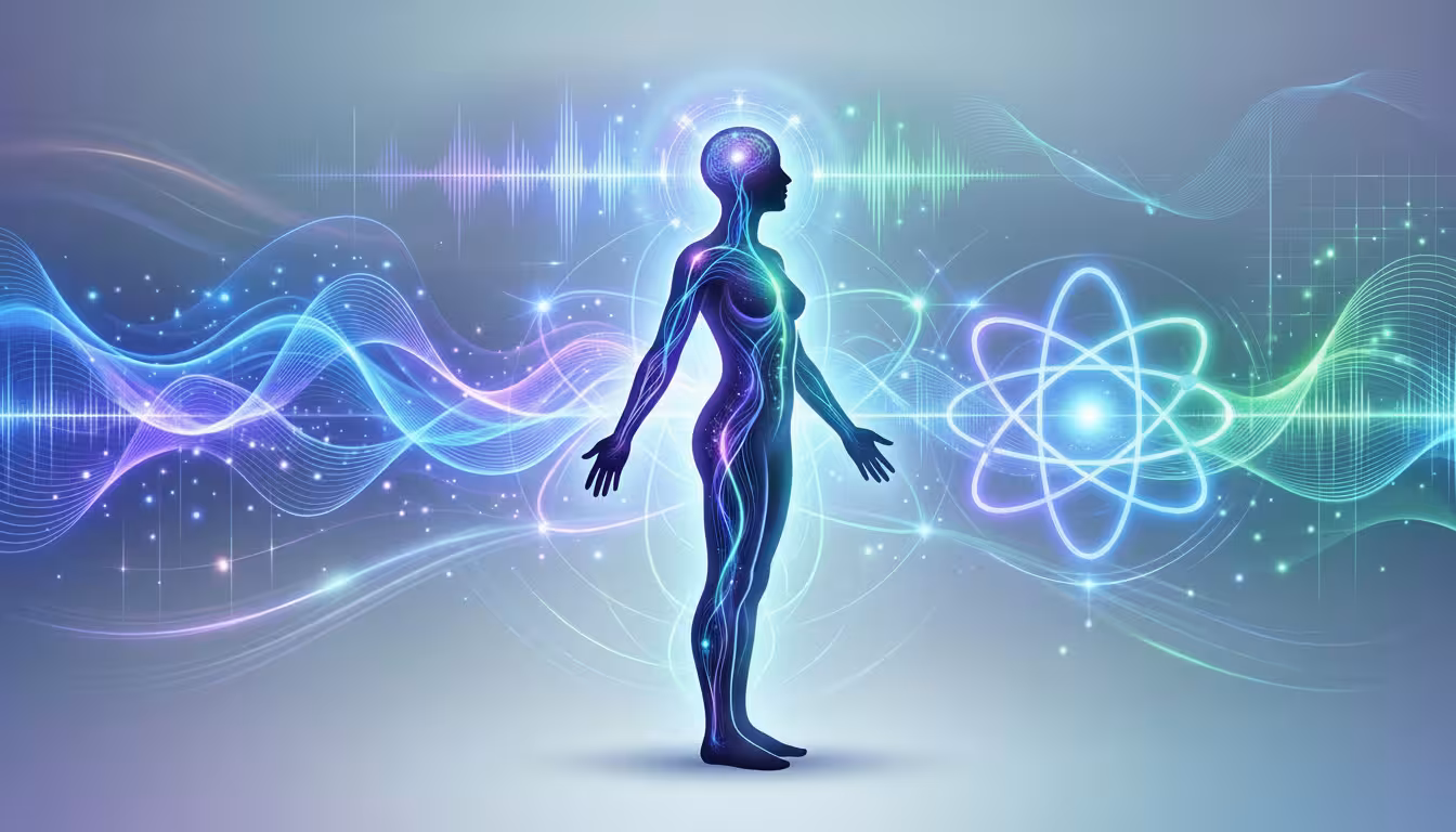 Silhueta do corpo humano com ondas eletromagnéticas harmônicas em azul, roxo e verde fluindo através do organismo, representando energia vibracional e frequências de cura quântica