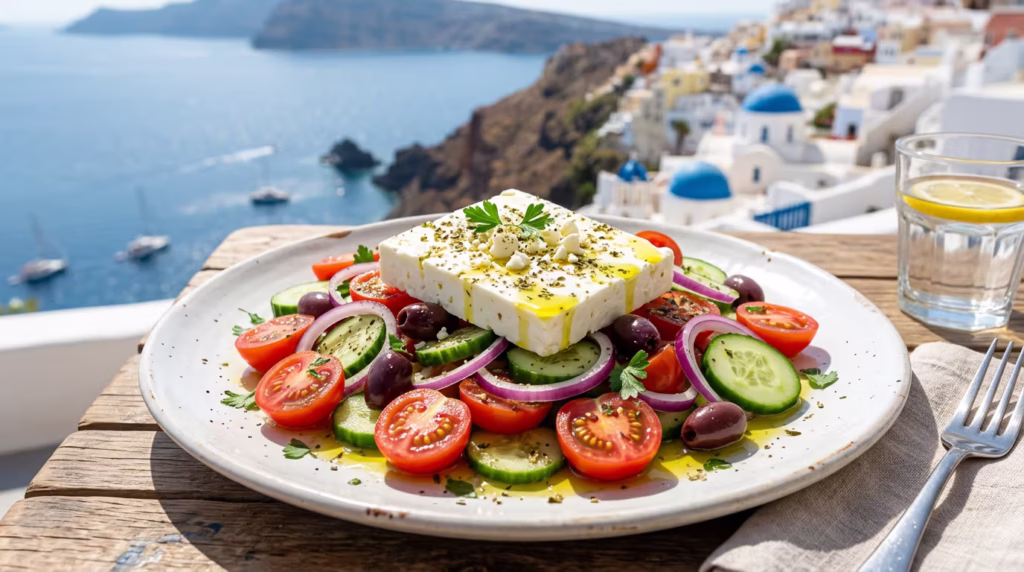 Prato colorido com azeite de oliva, salada mediterrânea, peixe grelhado, grãos integrais e legumes frescos sobre mesa rústica de madeira.