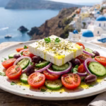 Prato colorido com azeite de oliva, salada mediterrânea, peixe grelhado, grãos integrais e legumes frescos sobre mesa rústica de madeira.