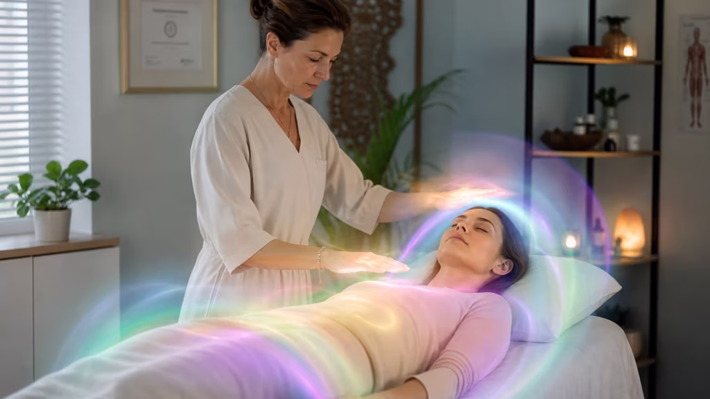 Figura humana mostrando as camadas luminosas do campo áurico, com destaque para os corpos etérico, astral e mental ao redor do corpo físico.