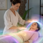 Figura humana mostrando as camadas luminosas do campo áurico, com destaque para os corpos etérico, astral e mental ao redor do corpo físico.