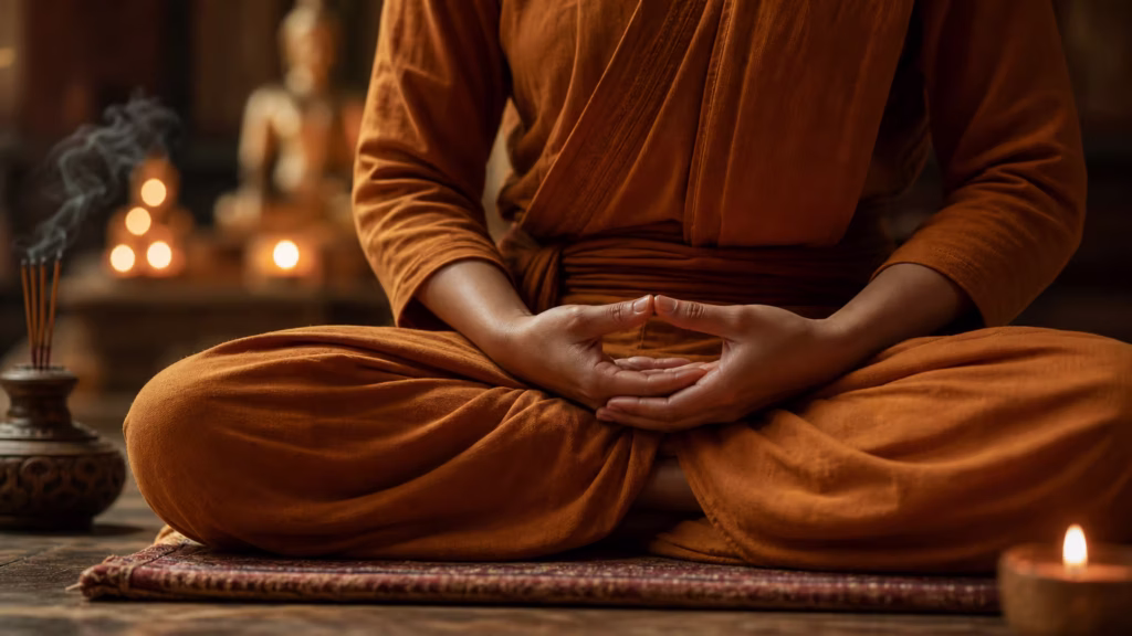 Mãos em Dhyana Mudra, repousando no colo em postura de lótus, com iluminação suave de velas ao fundo.