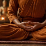 Mãos em Dhyana Mudra, repousando no colo em postura de lótus, com iluminação suave de velas ao fundo.