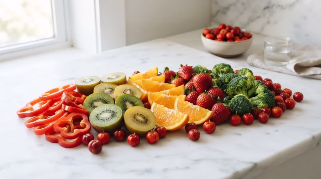 Frutas e vegetais ricos em vitamina C incluindo laranjas, morangos, kiwis e pimentão vermelho