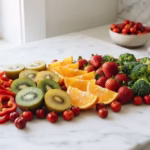Frutas e vegetais ricos em vitamina C incluindo laranjas, morangos, kiwis e pimentão vermelho